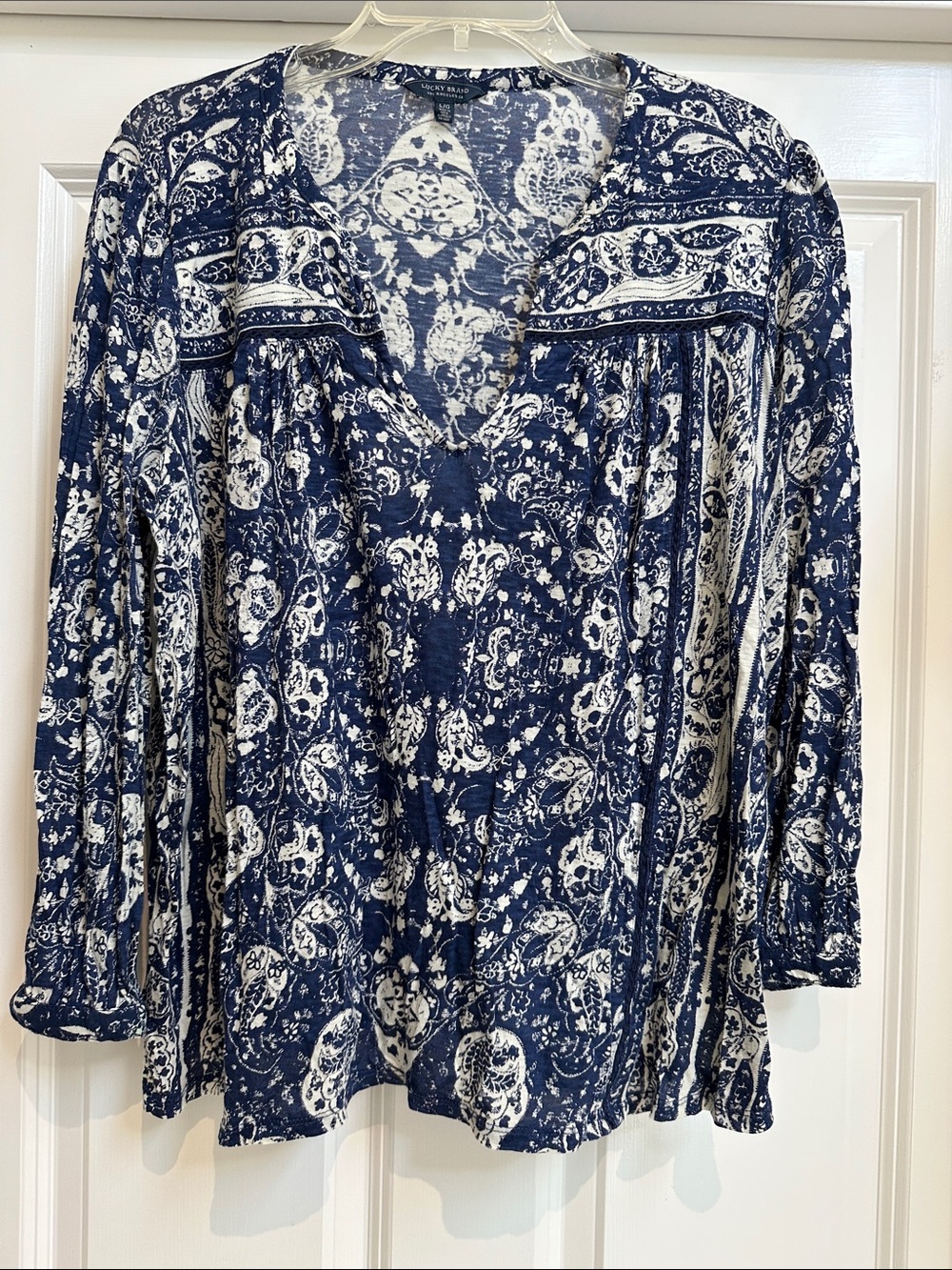 Lucky Brand Navy and White Paisley V-Neck Tunic